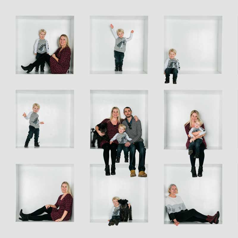 Family photoshoot collage with members posing in individual white cubicles.